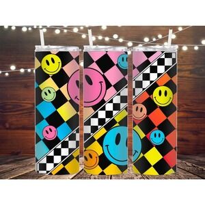 Smiley Face rainbow checkered stainless steel insulated tumbler, metal tumbler,
